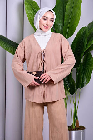 Bağcık Detaylı Pantolonlu Kimono Takım
