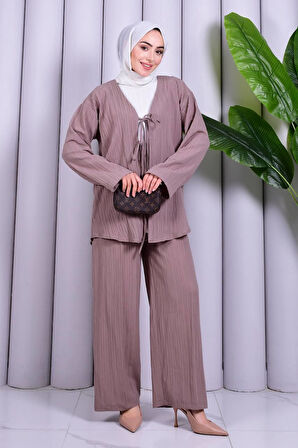 Bağcık Detaylı Pantolonlu Kimono Takım