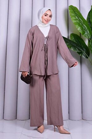 Bağcık Detaylı Pantolonlu Kimono Takım