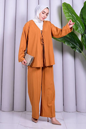 Bağcık Detaylı Pantolonlu Kimono Takım