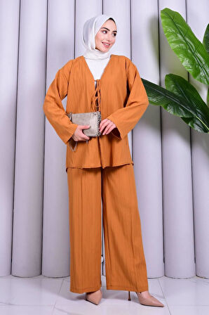 Bağcık Detaylı Pantolonlu Kimono Takım