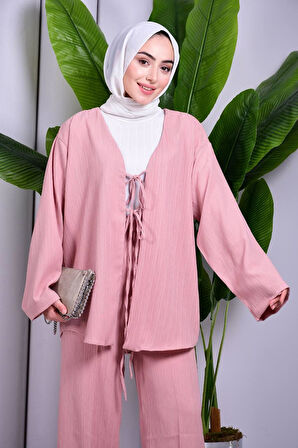 Bağcık Detaylı Pantolonlu Kimono Takım