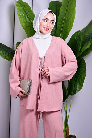 Bağcık Detaylı Pantolonlu Kimono Takım