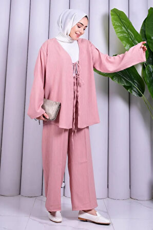 Bağcık Detaylı Pantolonlu Kimono Takım