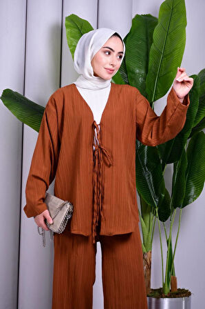 Bağcık Detaylı Pantolonlu Kimono Takım