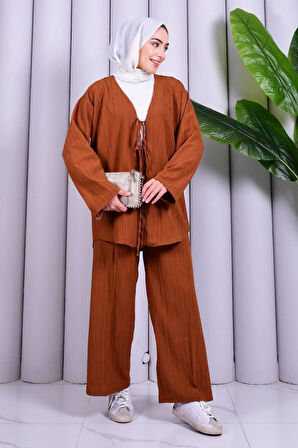 Bağcık Detaylı Pantolonlu Kimono Takım
