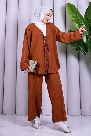 Bağcık Detaylı Pantolonlu Kimono Takım