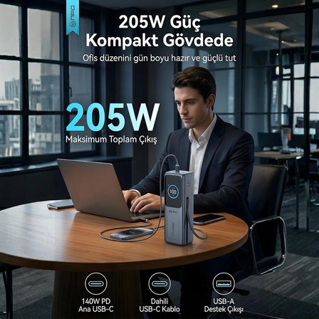 NPO WP001A-G 205W 27.000 mAh 2 USB-C Portlu Dahili USB-C Kablolu LED Ekranlı PD GaN3 Powerbank