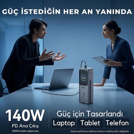 NPO WP001A-G 205W 27.000 mAh 2 USB-C Portlu Dahili USB-C Kablolu LED Ekranlı PD GaN3 Powerbank