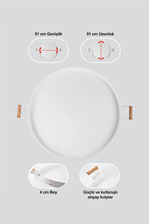 51 cm Ahşap Kulplu Metal Tepsi Yuvarlak Çay Tepsisi - Sunum Kahve Tepsisi Ahşap Kulplu Beyaz