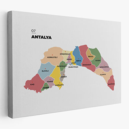 Antalya İli ve İlçeler Haritası Dekoratif Kanvas Tablo 1268