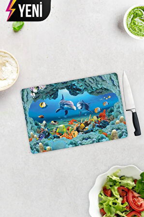 Cam Kesme Tahtası - Cam Kesme Tablası | Akvaryum Desenli | 20cm x 30cm