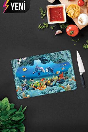 Cam Kesme Tahtası - Cam Kesme Tablası | Akvaryum Desenli | 20cm x 30cm