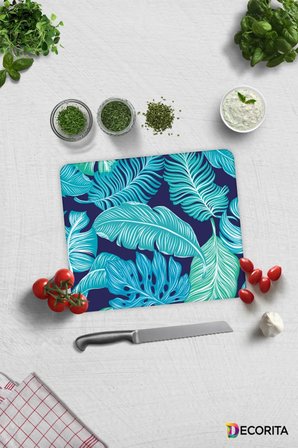 Cam Kesme Tahtası - Cam Kesme Tablası | Mavi Tropik Yapraklar | 29cm x 34cm