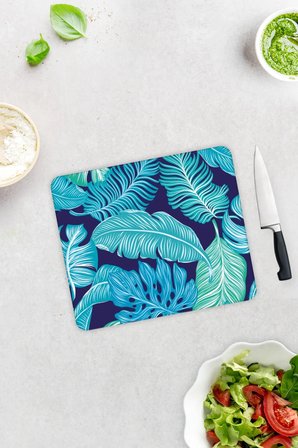 Cam Kesme Tahtası - Cam Kesme Tablası | Mavi Tropik Yapraklar | 29cm x 34cm