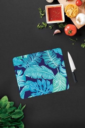 Cam Kesme Tahtası - Cam Kesme Tablası | Mavi Tropik Yapraklar | 29cm x 34cm