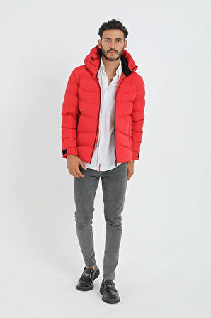 Erkek Kırmızı Kapüşonlu Polarlı Kürklü Su Geçirmez Rüzgara Dayanıklı Şişme Mont Kaban Parka