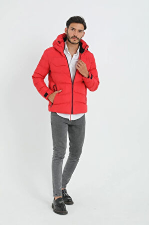 Erkek Kırmızı Kapüşonlu Polarlı Kürklü Su Geçirmez Rüzgara Dayanıklı Şişme Mont Kaban Parka