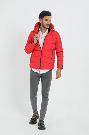 Erkek Kırmızı Kapüşonlu Polarlı Kürklü Su Geçirmez Rüzgara Dayanıklı Şişme Mont Kaban Parka