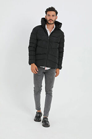 Erkek Siyah Kapüşonlu Polarlı Kürklü Su Geçirmez Rüzgara Dayanıklı Şişme Mont Kaban Parka