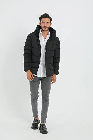 Erkek Siyah Kapüşonlu Polarlı Kürklü Su Geçirmez Rüzgara Dayanıklı Şişme Mont Kaban Parka