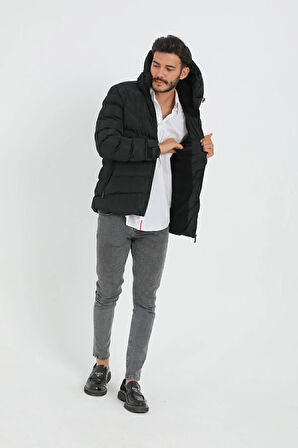 Erkek Siyah Kapüşonlu Polarlı Kürklü Su Geçirmez Rüzgara Dayanıklı Şişme Mont Kaban Parka