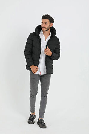 Erkek Siyah Kapüşonlu Polarlı Kürklü Su Geçirmez Rüzgara Dayanıklı Şişme Mont Kaban Parka