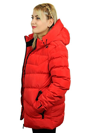 Kadın Kırmızı Kapüşonlu Polarlı Kürklü Su Geçirmez Rüzgara Dayanıklı Şişme Mont Kaban Parka