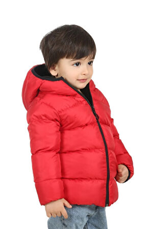 Erkek Çocuk Kırmızı Polarlı Kürklü Kapüşonlu Su Ve Rüzgar Geçirmez Şişme Kışlık Mont Kaban
