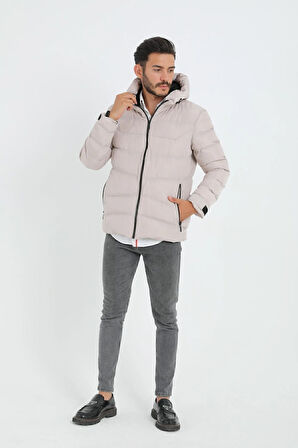 Erkek Taş Polarlı Kürklü Kapüşonlu Su Geçirmez Rüzgara Dayanıklı Şişme Kışlık Mont Kaban Parka