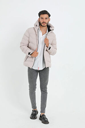 Erkek Taş Polarlı Kürklü Kapüşonlu Su Geçirmez Rüzgara Dayanıklı Şişme Kışlık Mont Kaban Parka