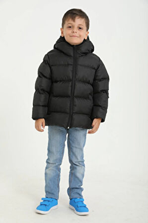 Erkek Çocuk Siyah Polarlı Kürklü Kapüşonlu Su Geçirmez Rüzgara Dayanıklı Şişme Kışlık Mont