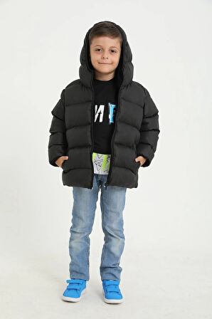 Erkek Çocuk Siyah Polarlı Kürklü Kapüşonlu Su Geçirmez Rüzgara Dayanıklı Şişme Kışlık Mont