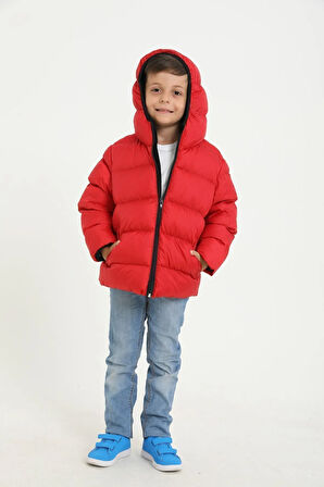 Erkek Çocuk Kırmızı Polarlı Kapüşonlu Su Geçirmez Rüzgara Dayanıklı Şişme Kışlık Mont