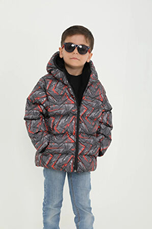 Erkek Çocuk Siyah Geometrik Desen Polar Su Ve Rüzgar Geçirmez Kapüşonlu Şişme Kışlık Mont