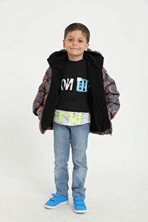 Erkek Çocuk Siyah Geometrik Desen Polar Su Ve Rüzgar Geçirmez Kapüşonlu Şişme Kışlık Mont