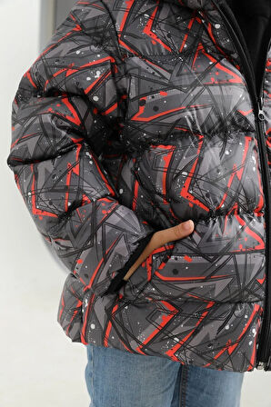 Erkek Çocuk Siyah Geometrik Desen Polar Su Ve Rüzgar Geçirmez Kapüşonlu Şişme Kışlık Mont