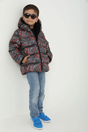 Erkek Çocuk Siyah Geometrik Desen Polar Su Ve Rüzgar Geçirmez Kapüşonlu Şişme Kışlık Mont