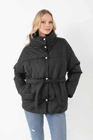 Kadın Siyah Dolgulu Astarlı Su Geçirmez Rüzgara Dayanıklı Oversize Bomber Mont Kaban Parka