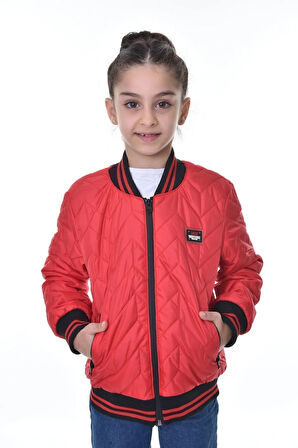 Kız Çocuk Kırmızı Kolej Yaka Astarlı Su Ve Rüzgar Geçirmez Fermuarlı Mont Ceket