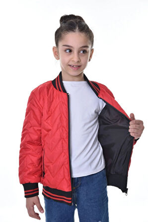 Kız Çocuk Kırmızı Kolej Yaka Astarlı Su Ve Rüzgar Geçirmez Fermuarlı Mont Ceket