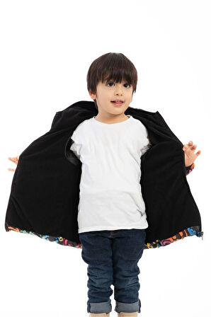 Erkek Çocuk Gülen Emoji Polarlı Kürklü Su Ve Rüzgar Geçirmez Kapüşonlu Kışlık Şişme Mont