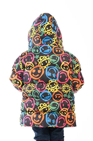 Erkek Çocuk Gülen Emoji Polarlı Kürklü Su Ve Rüzgar Geçirmez Kapüşonlu Kışlık Şişme Mont