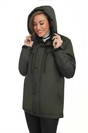 Kadın Haki Polarlı Kürklü Su Ve Rüzgar Geçirmez Kapüşonlu Kışlık Mont & Kaban & Parka