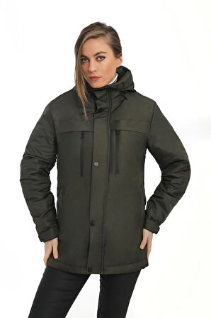 Kadın Haki Polarlı Kürklü Su Ve Rüzgar Geçirmez Kapüşonlu Kışlık Mont & Kaban & Parka