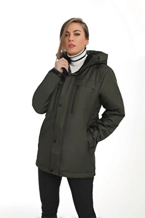 Kadın Haki Polarlı Kürklü Su Ve Rüzgar Geçirmez Kapüşonlu Kışlık Mont & Kaban & Parka