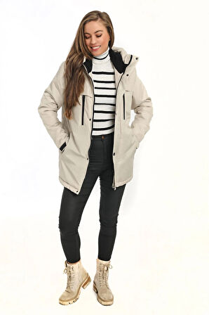 Kadın Taş Polarlı Kürklü Su Ve Rüzgar Geçirmez Kapüşonlu Kışlık Mont & Kaban & Parka