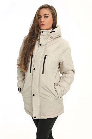 Kadın Taş Polarlı Kürklü Su Ve Rüzgar Geçirmez Kapüşonlu Kışlık Mont & Kaban & Parka