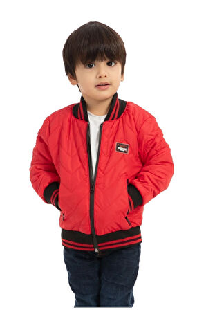 Erkek Çocuk Kırmızı Kolej Yaka Astarlı Su Ve Rüzgar Geçirmez Fermuarlı Mont Ceket