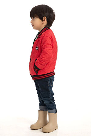 Erkek Çocuk Kırmızı Kolej Yaka Astarlı Su Ve Rüzgar Geçirmez Fermuarlı Mont Ceket